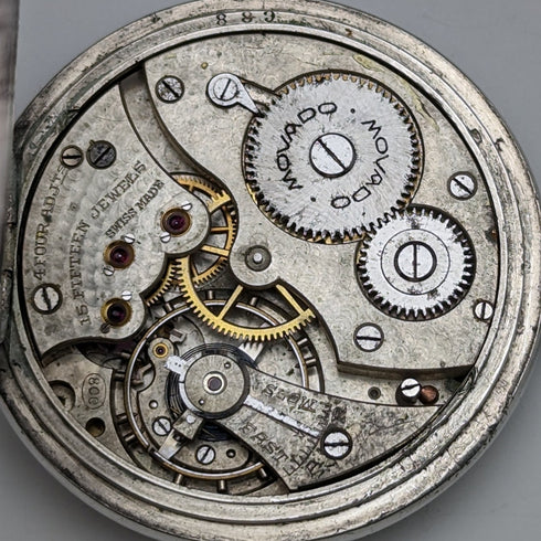 20世紀初頭 アンティーク MOVADO 懐中時計 馬車彫刻銀側ケース 動作良好